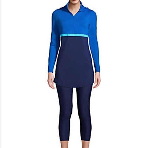 Land’s End ling sleeve swim top  quarter zipper hood bra modest 1/4 zip size 10 - Picture 2 of 10